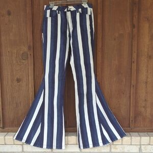 Blue and White Flare Wide Leg Jeans with Stripes